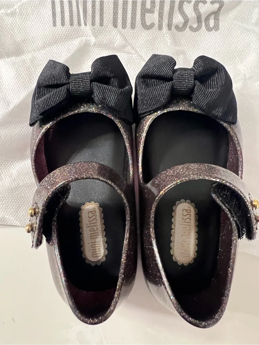 Mini Melissa Glitter Mary Jane Shoes with Black Bows - Purple Pink